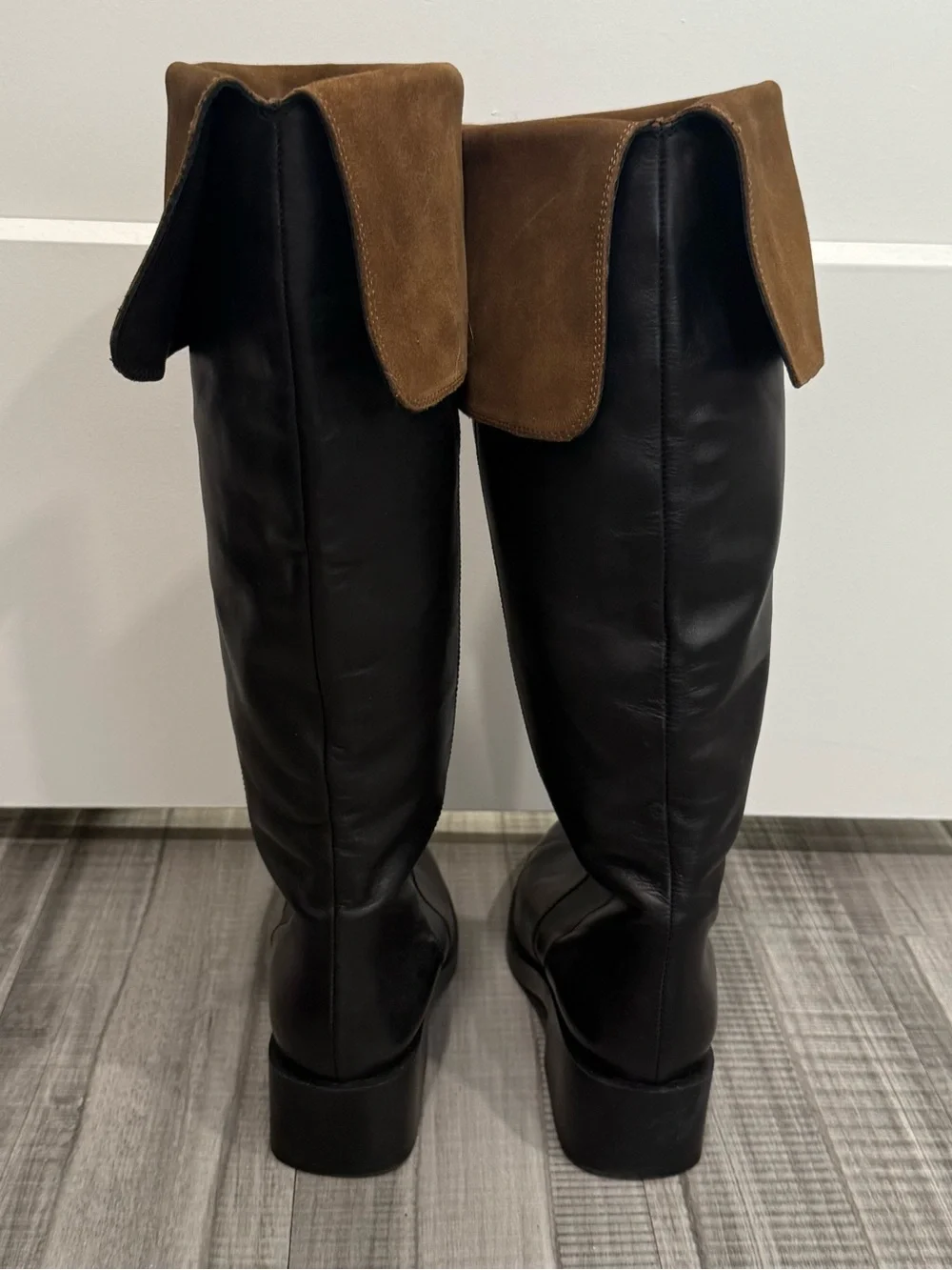 Zara Black Leather Over-the-Knee Boots with Brown Cuff